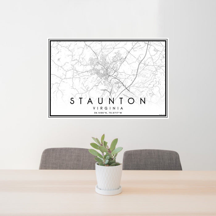 24x36 Staunton Virginia Map Print Lanscape Orientation in Classic Style Behind 2 Chairs Table and Potted Plant