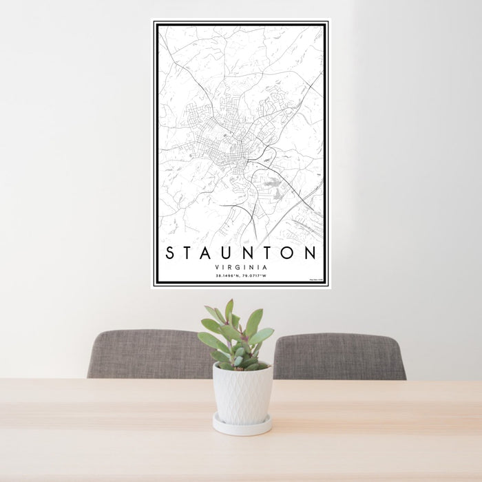 24x36 Staunton Virginia Map Print Portrait Orientation in Classic Style Behind 2 Chairs Table and Potted Plant