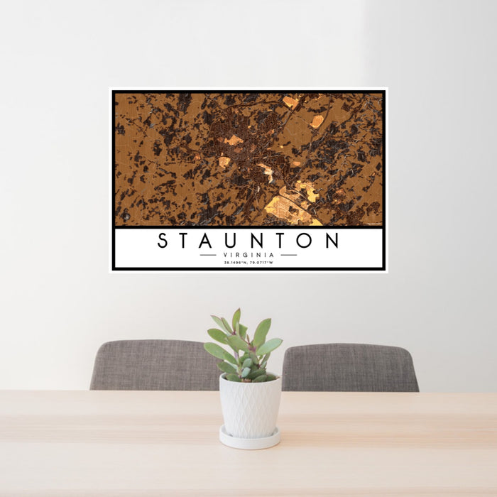 24x36 Staunton Virginia Map Print Lanscape Orientation in Ember Style Behind 2 Chairs Table and Potted Plant