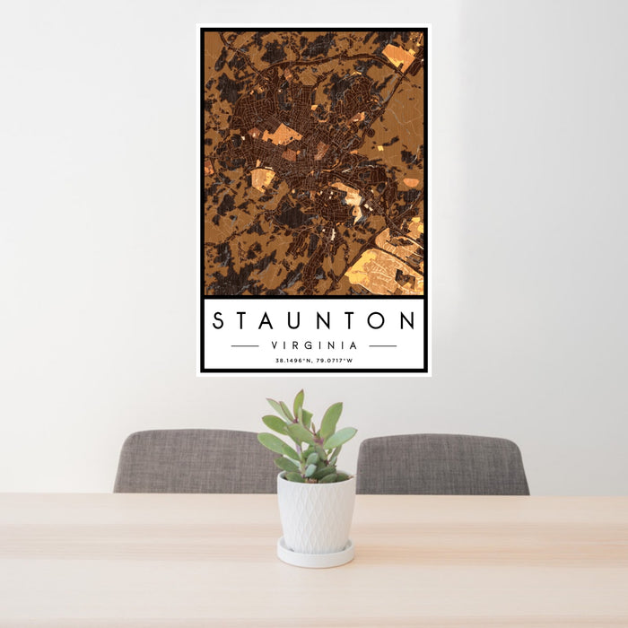 24x36 Staunton Virginia Map Print Portrait Orientation in Ember Style Behind 2 Chairs Table and Potted Plant