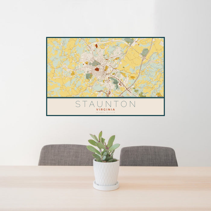 24x36 Staunton Virginia Map Print Lanscape Orientation in Woodblock Style Behind 2 Chairs Table and Potted Plant
