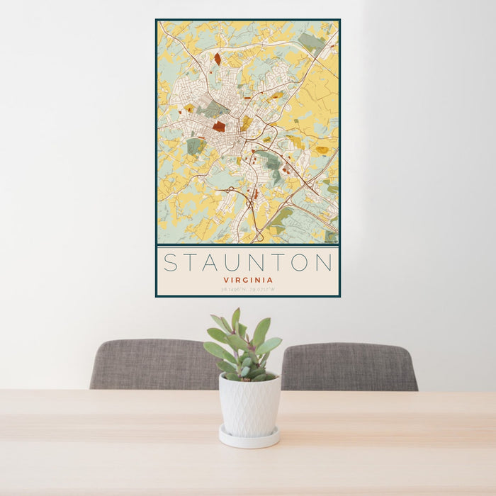 24x36 Staunton Virginia Map Print Portrait Orientation in Woodblock Style Behind 2 Chairs Table and Potted Plant
