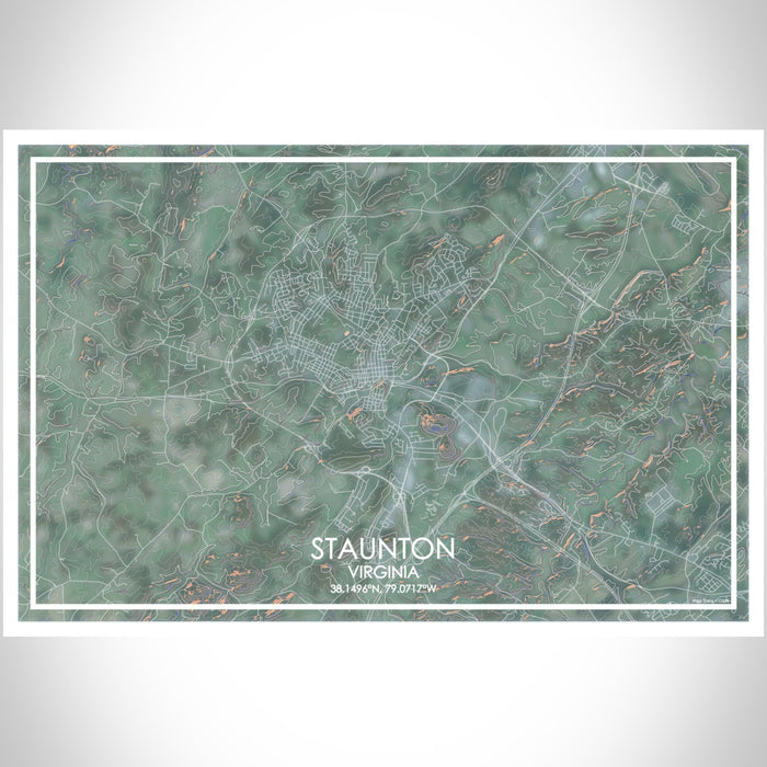 Staunton Virginia Map Print Landscape Orientation in Afternoon Style With Shaded Background