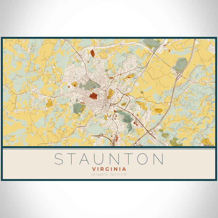 Staunton Virginia Map Print Landscape Orientation in Woodblock Style With Shaded Background