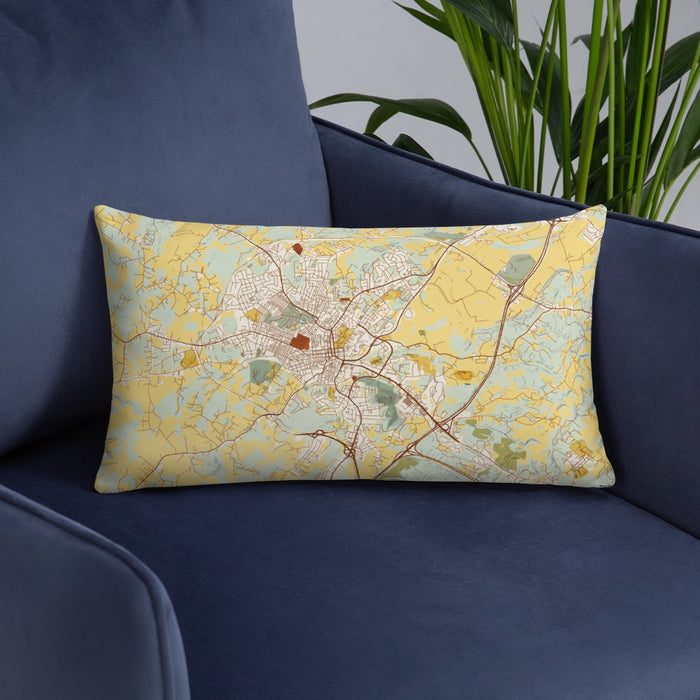 Custom Staunton Virginia Map Throw Pillow in Woodblock on Blue Colored Chair