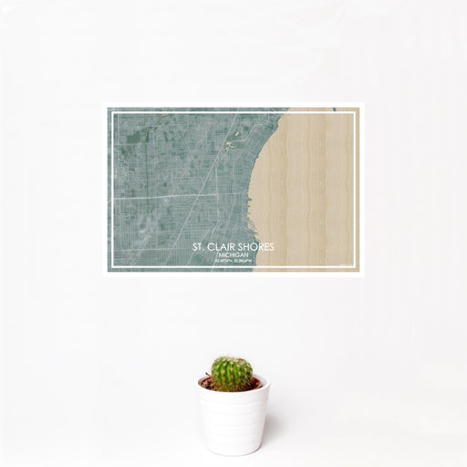 12x18 St. Clair Shores Michigan Map Print Landscape Orientation in Afternoon Style With Small Cactus Plant in White Planter