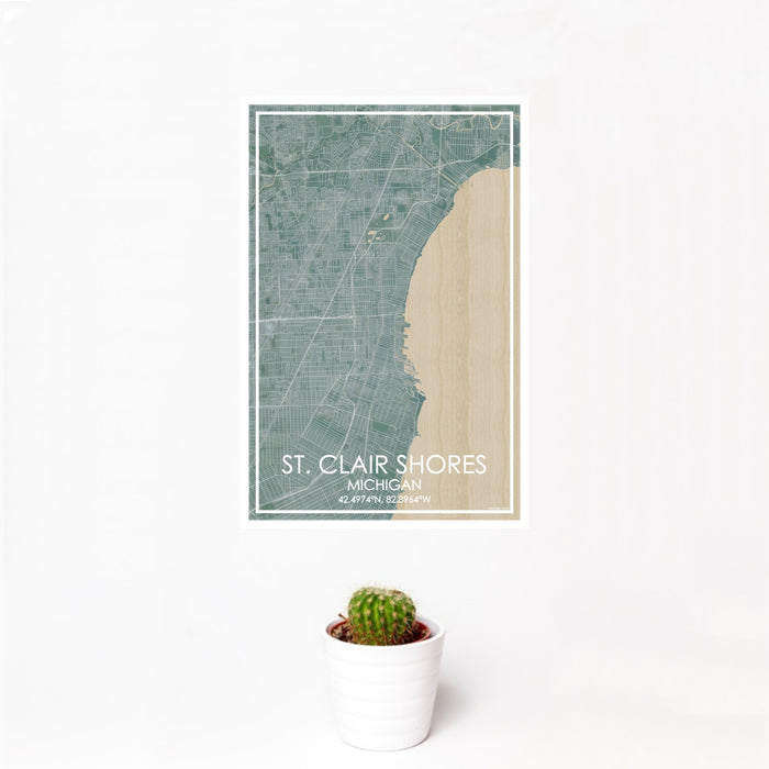 12x18 St. Clair Shores Michigan Map Print Portrait Orientation in Afternoon Style With Small Cactus Plant in White Planter