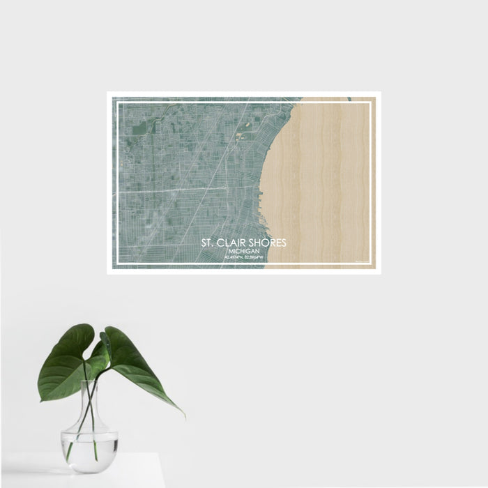 16x24 St. Clair Shores Michigan Map Print Landscape Orientation in Afternoon Style With Tropical Plant Leaves in Water