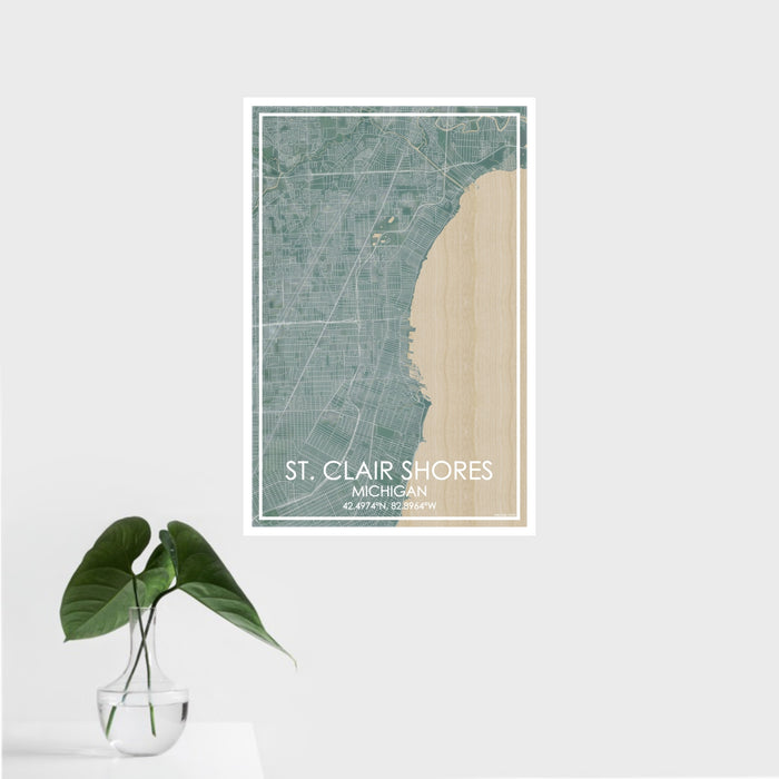 16x24 St. Clair Shores Michigan Map Print Portrait Orientation in Afternoon Style With Tropical Plant Leaves in Water