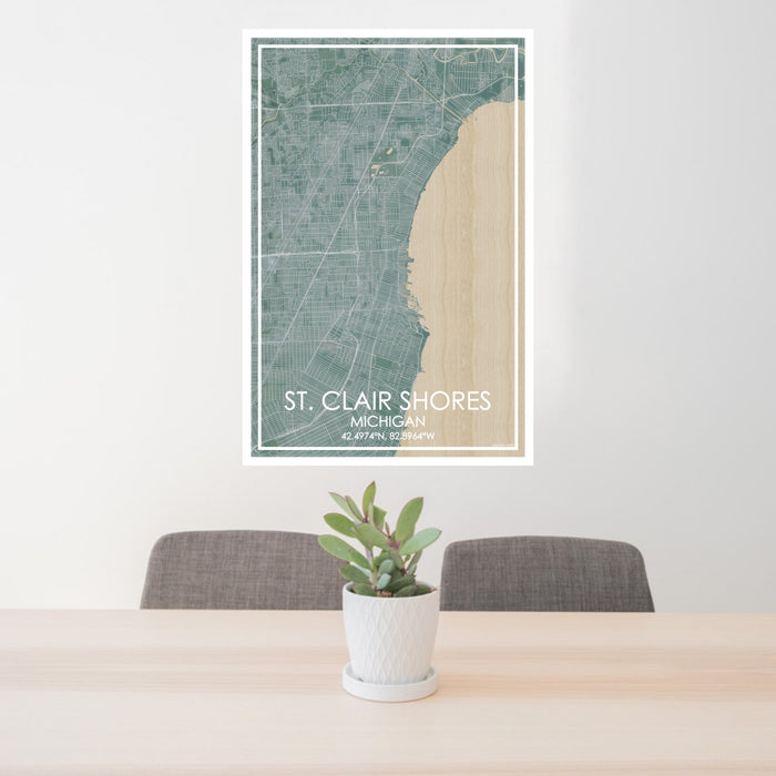 24x36 St. Clair Shores Michigan Map Print Portrait Orientation in Afternoon Style Behind 2 Chairs Table and Potted Plant