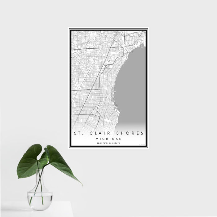 16x24 St. Clair Shores Michigan Map Print Portrait Orientation in Classic Style With Tropical Plant Leaves in Water