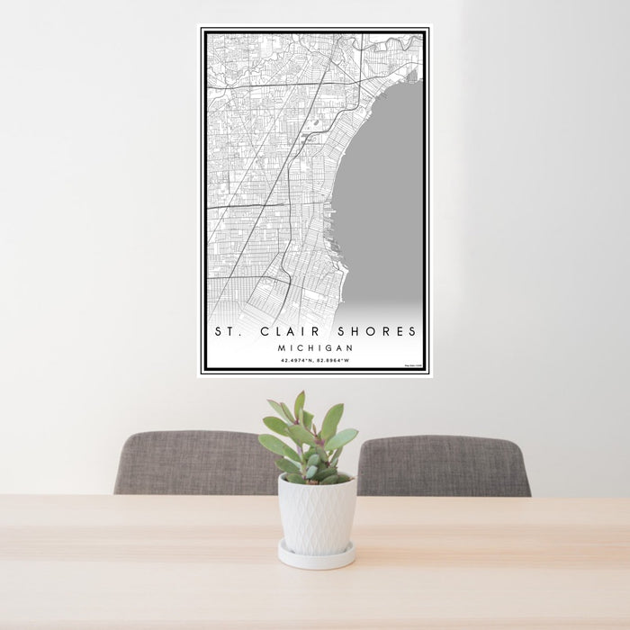 24x36 St. Clair Shores Michigan Map Print Portrait Orientation in Classic Style Behind 2 Chairs Table and Potted Plant