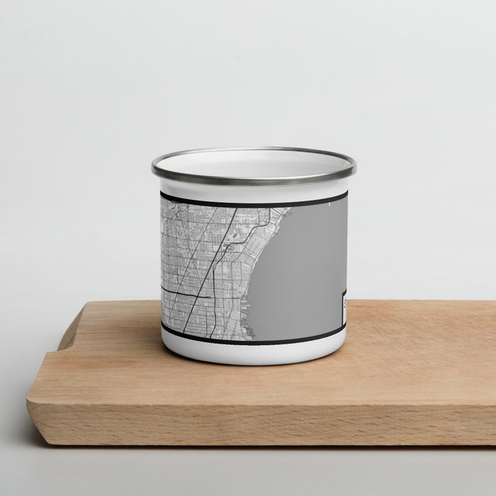 Front View Custom St. Clair Shores Michigan Map Enamel Mug in Classic on Cutting Board