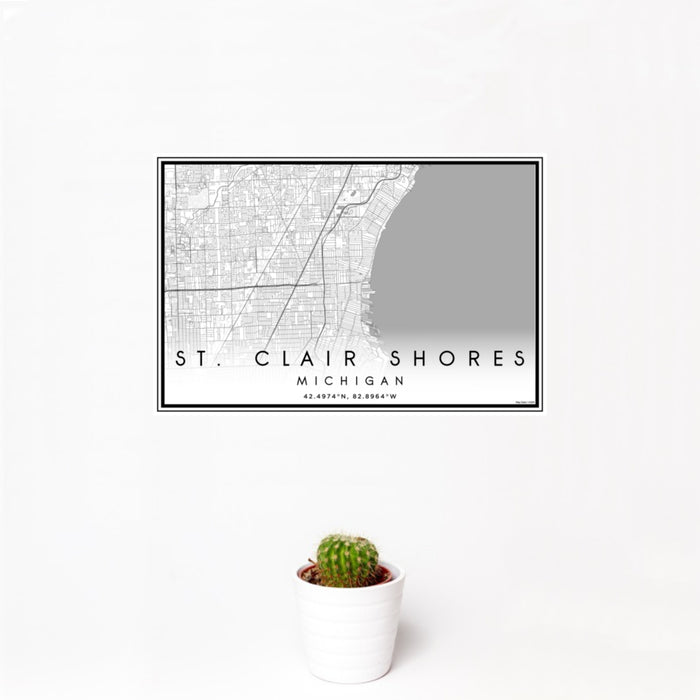 12x18 St. Clair Shores Michigan Map Print Landscape Orientation in Classic Style With Small Cactus Plant in White Planter