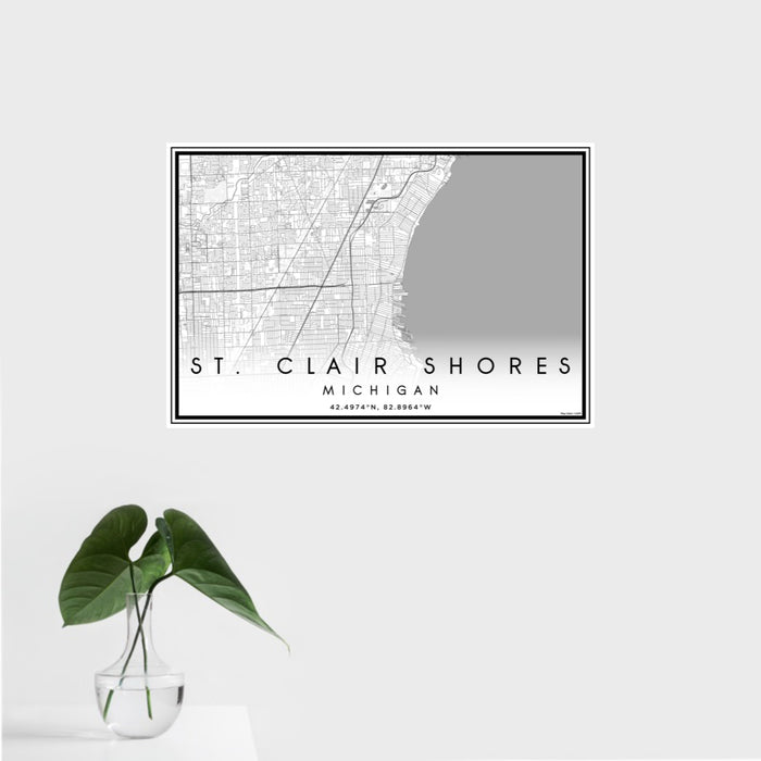 16x24 St. Clair Shores Michigan Map Print Landscape Orientation in Classic Style With Tropical Plant Leaves in Water
