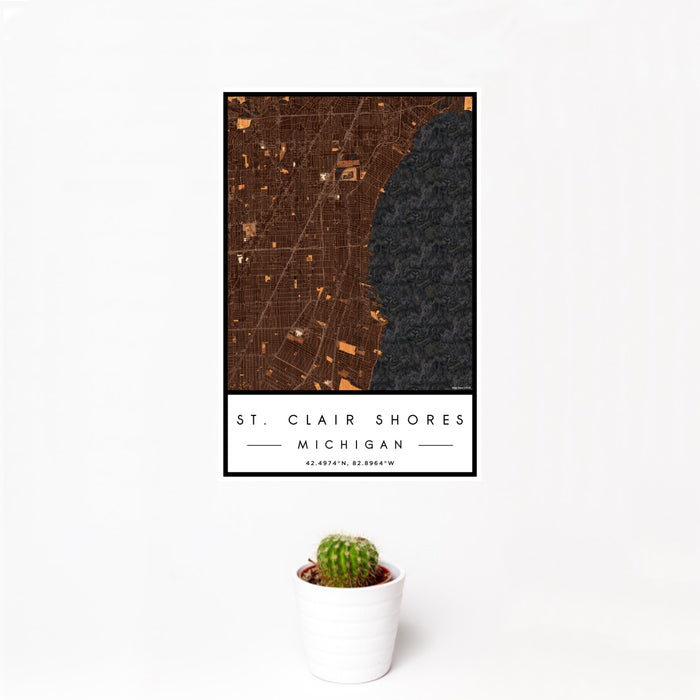 12x18 St. Clair Shores Michigan Map Print Portrait Orientation in Ember Style With Small Cactus Plant in White Planter