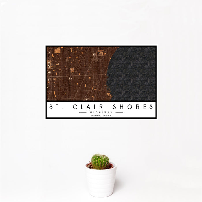 12x18 St. Clair Shores Michigan Map Print Landscape Orientation in Ember Style With Small Cactus Plant in White Planter