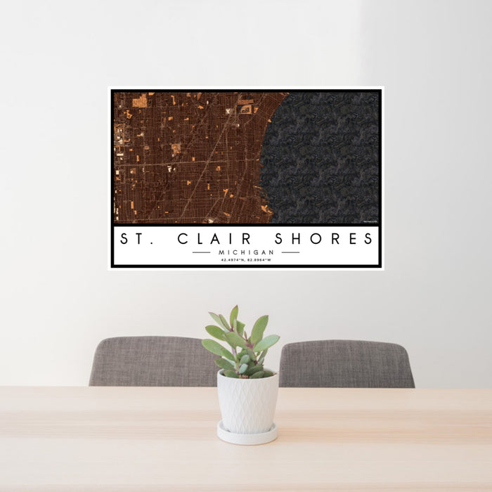 24x36 St. Clair Shores Michigan Map Print Landscape Orientation in Ember Style Behind 2 Chairs Table and Potted Plant