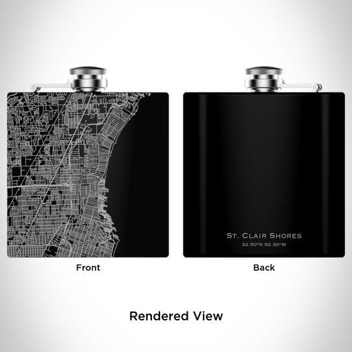 Rendered View of St. Clair Shores Michigan Map Engraving on 6oz Stainless Steel Flask in Black