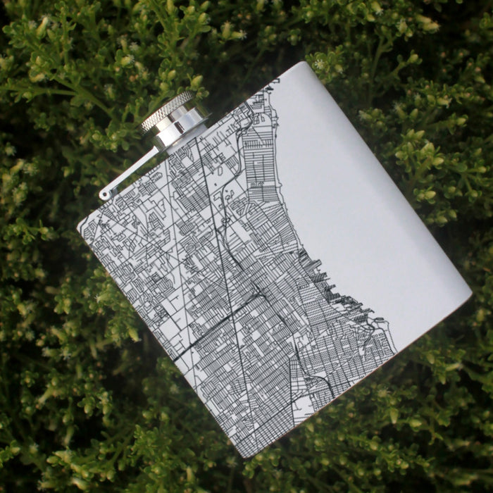 St. Clair Shores Michigan Custom Engraved City Map Inscription Coordinates on 6oz Stainless Steel Flask in White
