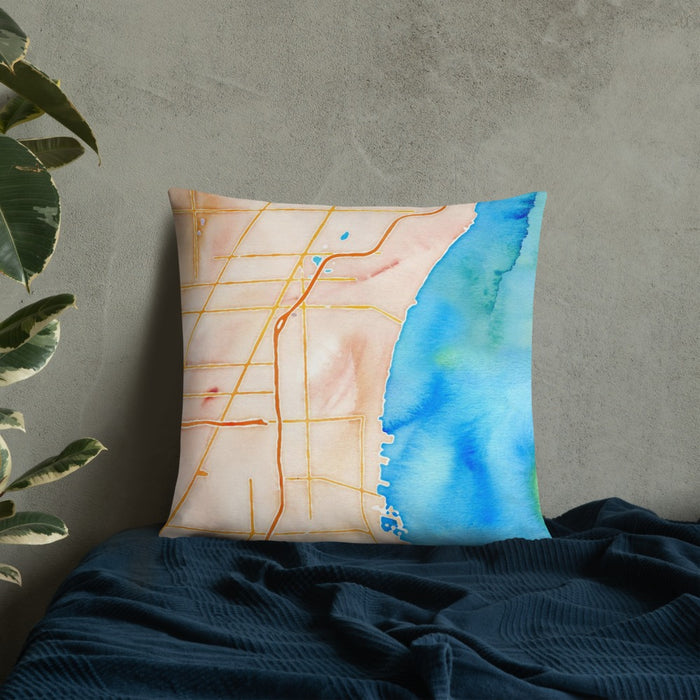 Custom St. Clair Shores Michigan Map Throw Pillow in Watercolor on Bedding Against Wall
