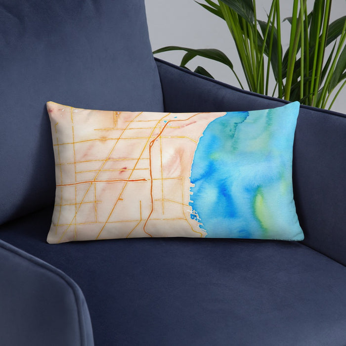 Custom St. Clair Shores Michigan Map Throw Pillow in Watercolor on Blue Colored Chair