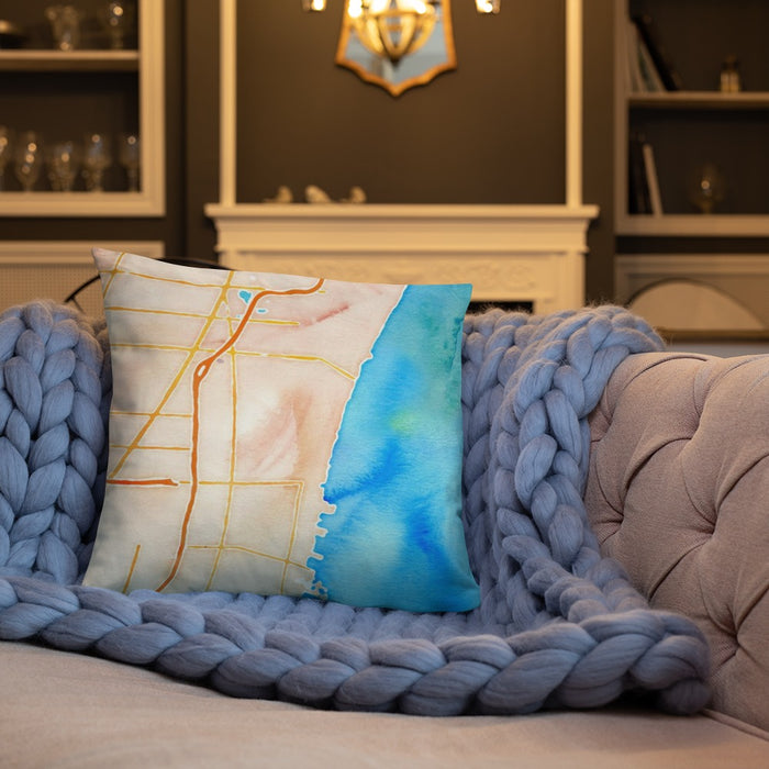 Custom St. Clair Shores Michigan Map Throw Pillow in Watercolor on Cream Colored Couch
