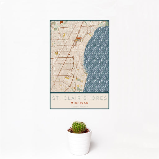 12x18 St. Clair Shores Michigan Map Print Portrait Orientation in Woodblock Style With Small Cactus Plant in White Planter