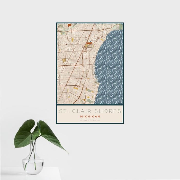 16x24 St. Clair Shores Michigan Map Print Portrait Orientation in Woodblock Style With Tropical Plant Leaves in Water