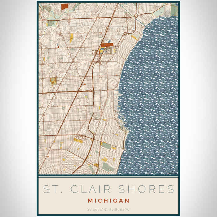 St. Clair Shores Michigan Map Print Portrait Orientation in Woodblock Style With Shaded Background