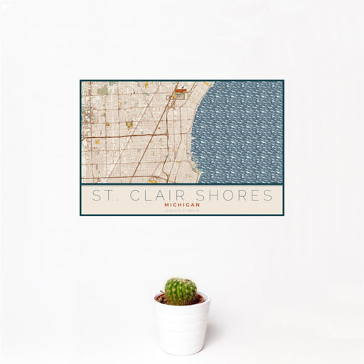 12x18 St. Clair Shores Michigan Map Print Landscape Orientation in Woodblock Style With Small Cactus Plant in White Planter