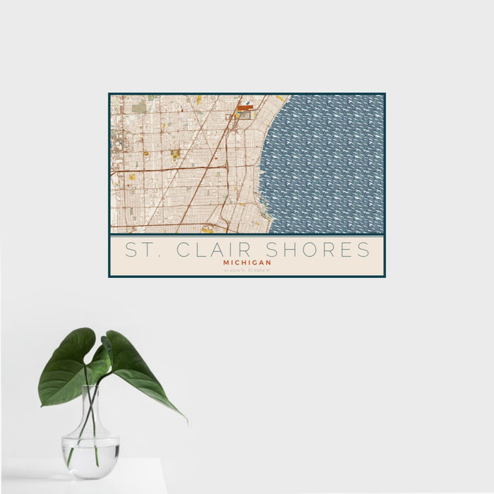 16x24 St. Clair Shores Michigan Map Print Landscape Orientation in Woodblock Style With Tropical Plant Leaves in Water