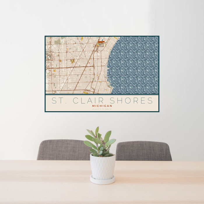 24x36 St. Clair Shores Michigan Map Print Landscape Orientation in Woodblock Style Behind 2 Chairs Table and Potted Plant