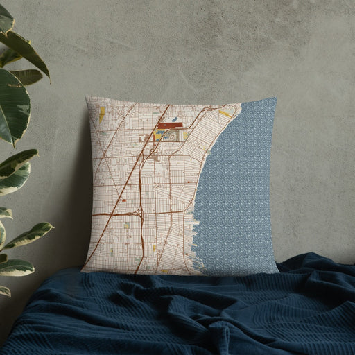 Custom St. Clair Shores Michigan Map Throw Pillow in Woodblock on Bedding Against Wall