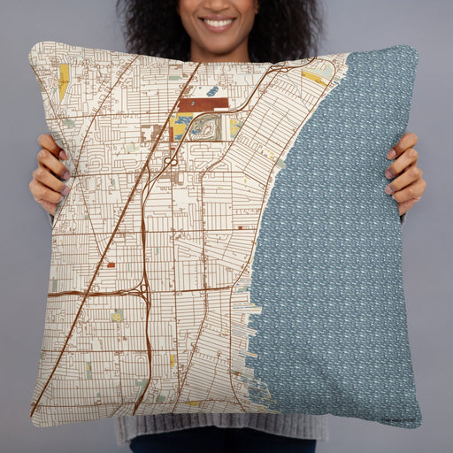 Person holding 22x22 Custom St. Clair Shores Michigan Map Throw Pillow in Woodblock