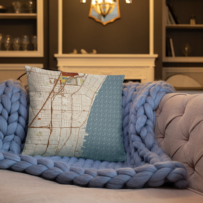 Custom St. Clair Shores Michigan Map Throw Pillow in Woodblock on Cream Colored Couch