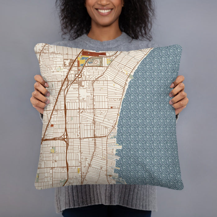 Person holding 18x18 Custom St. Clair Shores Michigan Map Throw Pillow in Woodblock