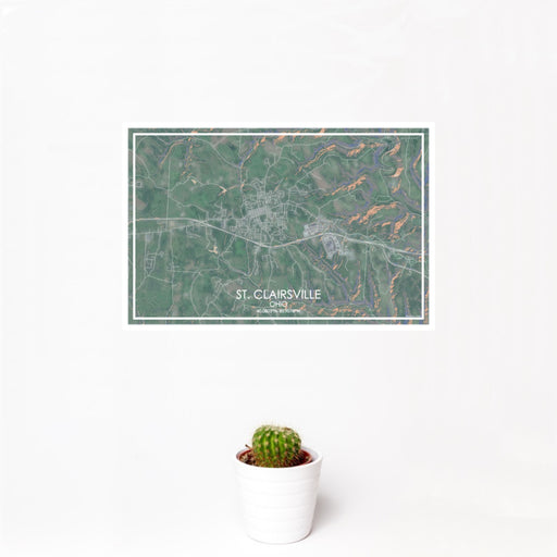 12x18 St. Clairsville Ohio Map Print Landscape Orientation in Afternoon Style With Small Cactus Plant in White Planter