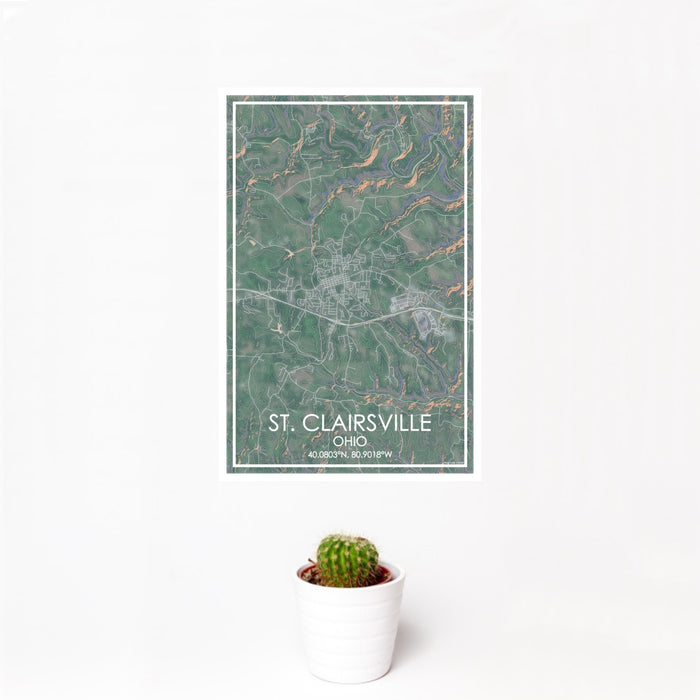 12x18 St. Clairsville Ohio Map Print Portrait Orientation in Afternoon Style With Small Cactus Plant in White Planter