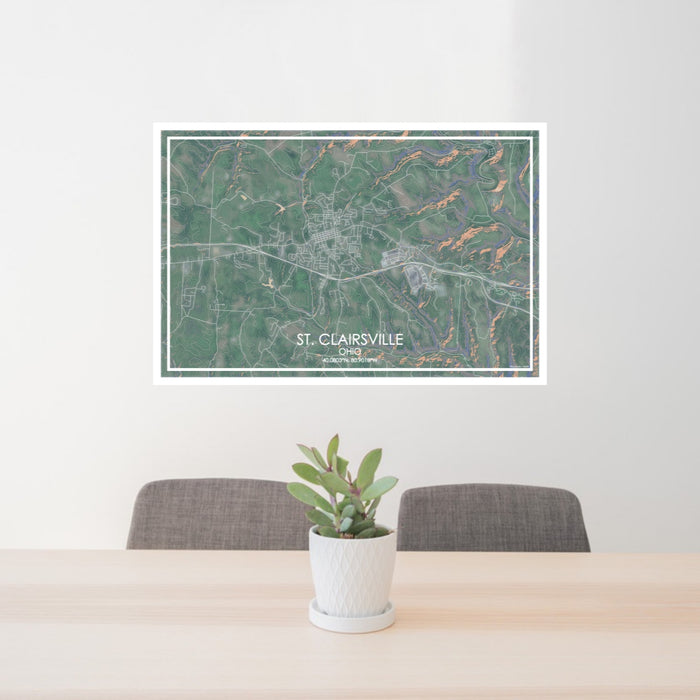 24x36 St. Clairsville Ohio Map Print Lanscape Orientation in Afternoon Style Behind 2 Chairs Table and Potted Plant