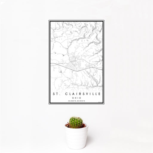 12x18 St. Clairsville Ohio Map Print Portrait Orientation in Classic Style With Small Cactus Plant in White Planter