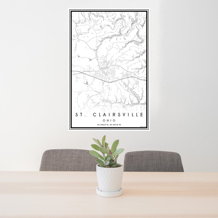 24x36 St. Clairsville Ohio Map Print Portrait Orientation in Classic Style Behind 2 Chairs Table and Potted Plant