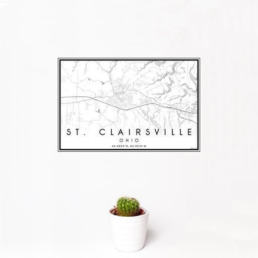 12x18 St. Clairsville Ohio Map Print Landscape Orientation in Classic Style With Small Cactus Plant in White Planter