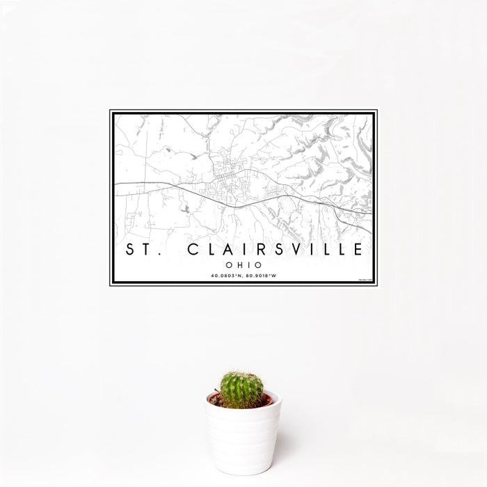 12x18 St. Clairsville Ohio Map Print Landscape Orientation in Classic Style With Small Cactus Plant in White Planter
