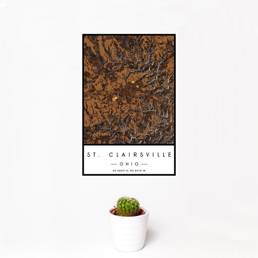 12x18 St. Clairsville Ohio Map Print Portrait Orientation in Ember Style With Small Cactus Plant in White Planter