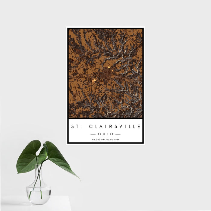 16x24 St. Clairsville Ohio Map Print Portrait Orientation in Ember Style With Tropical Plant Leaves in Water