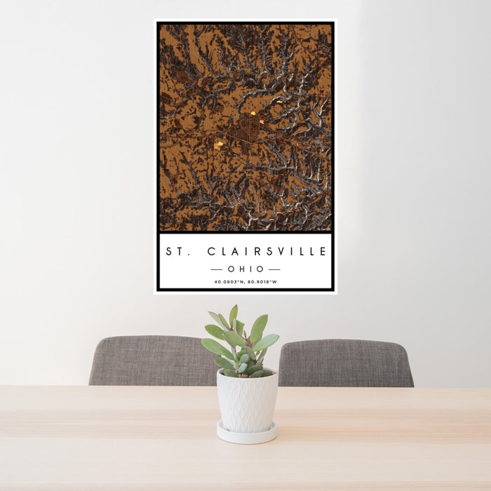 24x36 St. Clairsville Ohio Map Print Portrait Orientation in Ember Style Behind 2 Chairs Table and Potted Plant