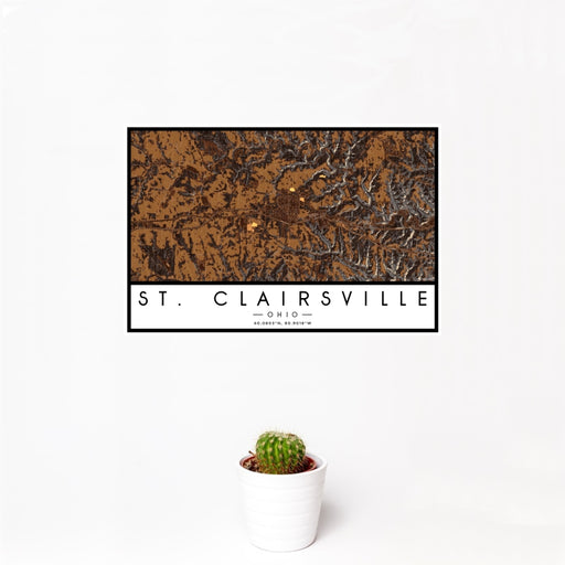 12x18 St. Clairsville Ohio Map Print Landscape Orientation in Ember Style With Small Cactus Plant in White Planter