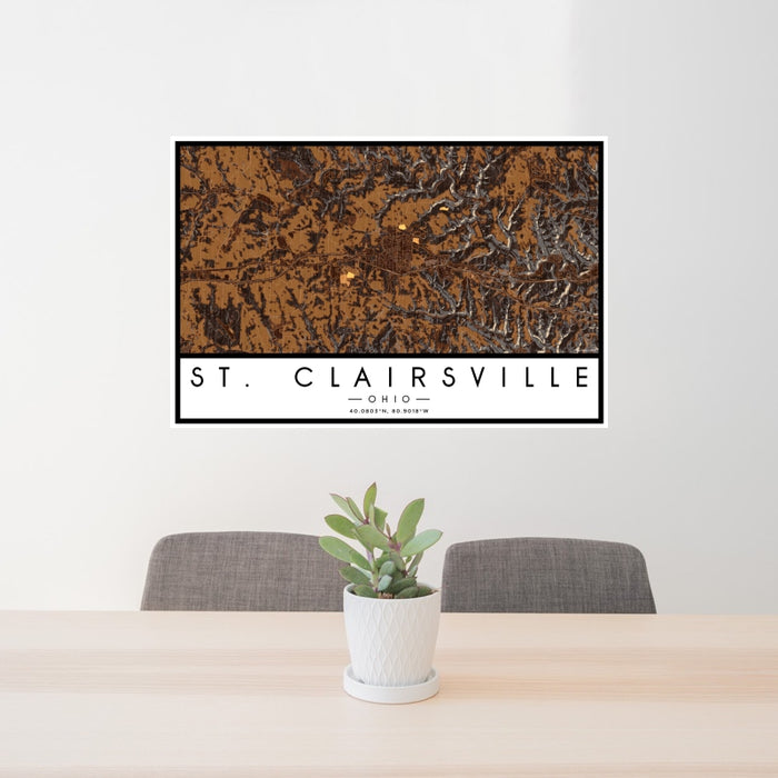 24x36 St. Clairsville Ohio Map Print Landscape Orientation in Ember Style Behind 2 Chairs Table and Potted Plant