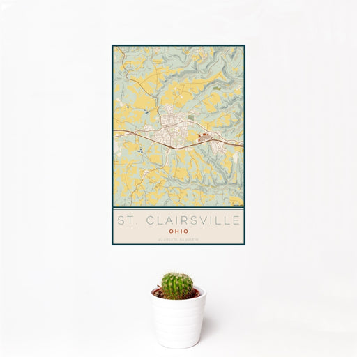 12x18 St. Clairsville Ohio Map Print Portrait Orientation in Woodblock Style With Small Cactus Plant in White Planter